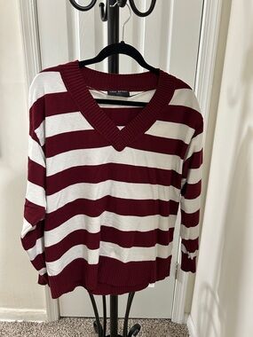 Lane Bryant Burgundy and White Striped V-Neck Pullover